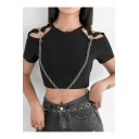 Cool Gothic Punk Style Black Cutout Chain Embellished Short Sleeve Cropped Slim T-Shirt