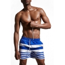 Mens Fashion Striped Printed Drawstring Waist Loose Casual Sport Swim Shorts