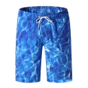Guys Hot Fashion Blue Printed Loose Fit Surfing Swim Trunks with Liner