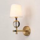 Classic White Tapered Shade Wall Light 1/2 Lights Fabric Metal Sconce Light in Brass for Study Room