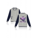 Fashion Purple Galaxy Dragon Dracarys Print Rib Stand Collar Button Down Varsity Baseball Jacket