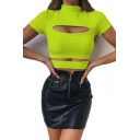 Women's New Trendy Mock Neck Short Sleeve Plain Cutout Cropped T-Shirt