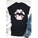 Black Round Neck Short Sleeve Mouth Printed Tee