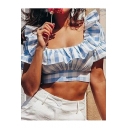 Women's Flutter Square Neck Short Sleeve Blue and White Plaid Cropped Tee