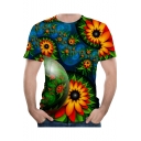 Hot Fashion 3D Floral Printed Basic Round Neck Short Sleeve Blue T-Shirt For Men