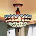 Tiffany Style Nautical Bowl Ceiling Light 3/4 Lights Stained Glass Semi Flush Light for Bedroom