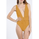 Trendy Simple Plain Grommet Lace-Up Waist Sexy Plunged Neck Maillot One Piece Swimsuit