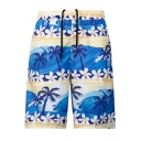 Summer Tropical Coconut Palm Floral Printed Men's Blue Casual Swim Trunks