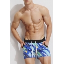 Fashion Blue Tropical Printed Drawstring Waist Casual Loose Surfing Swim Shorts for Guys