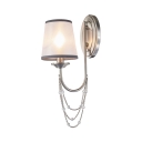 Simple Style Chrome Wall Lamp with White Tapered Shade 1 Light Fabric Metal Sconce Light for Hallway