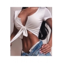 Womens Sexy Bow-Tied V-Neck Short Sleeve Solid Color Cropped Holiday T-Shirt