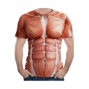 New Trendy 3D Muscle Printed Round Neck Short Sleeve Orange Nightclub T-Shirt For Men