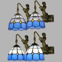2 Lights Bowl Wall Lamp with Mermaid Arm Antique Style Blue/Clear Glass Sconce Light for Hallway
