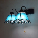 2 Lights Blue Wall Light Mediterranean Style Glass Wall Lamp with Pull Chain for Kitchen Hallway