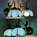 Dome Living Room Sconce Lamp Blue/Clear Glass 2 Lights Tiffany Style Wall Lamp with Mermaid Decoration