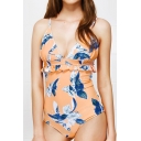 Womens New Trendy Floral Printed Ruffled Hem V-Neck One Piece Swimsuit in Orange