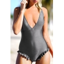 Womens Simple Plain Sexy Plunged Neck Chic Ruffled Hem One Piece Swimsuit