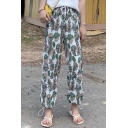 Women's Summer Tropical Printed Drawstring Waist Casual Cropped Chiffon Pants Wide-Leg Pants