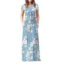 Summer Fancy Light Blue Floral Pattern Round Neck Short Sleeve Maxi Floor Length Dress with Pocket