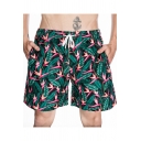 New Fashion Summer Green Tropical Leaf Print Mens Holiday Casual Quick Dry Swim Shorts