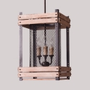 Wood and Metal Mesh Chandelier 3/6 Lights Rectangle Shade Vintage Style Pendant Light for Kitchen Bar