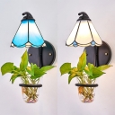 Blue/White Scalloped Wall Light with Plant Decoration 1 Light Stained Glass Tiffany Wall Lamp for Living Room