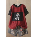 Summer New Trendy Lovely Figure Print Patch Plaid Round Neck Short Sleeve Loose T-shirt For Girls