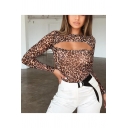 Fashionable Long Sleeve Round Neck Leopard Print Cut Out Khaki Slim T-Shirt For Women