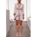 Womens Summer Trendy Solid Color Sexy Bow-Tied Plunged V-Neck Satin Pink Mini A-Line Dress
