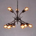 Metal Open Bulb Chandelier 9 Lights Vintage Black Hanging Lights for Living Room