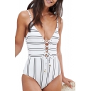 Summer Trendy Striped Printed Lace-Up Front Sexy Plunged Neck White One Piece Swimsuit for Women