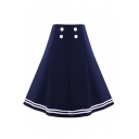 Fashion Vintage Double Button Fly Front Dark Blue Midi A-Line Flare Skirt
