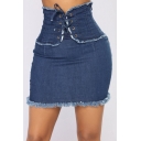 Unique Grommet Lace-Up High Waist Raw Hem Mini Stretch Fit Bodycon Blue Denim Skirt