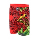 Guys Fashion Red Tropical Giraffe Printed Casual Loose Swim Trunks with Liner
