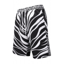 Guys Cool Black and White Stripe Printed Drawstring Waist Beach Swimwear Board Shorts with Liner