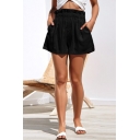 Hot Fashion Simple Solid Color Elastic Waist Wide-Leg Paperbag Shorts for Women