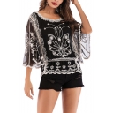 Fashion Butterfly Floral Print 3/4 Length Sleeve Round Neck Embroidered Black Lace T-Shirt