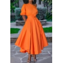 Summer Unique Orange Vintage Puff Sleeve Tied Waist Maxi Fit and Flared Swing Dress