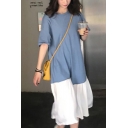 Stylish Color Block Round Neck Short Sleeve Loose Blue and White Maxi T-Shirt Dress For Women