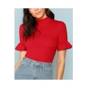 New Stylish Red Solid Color Mock Neck Ruffled Sleeve Slim Fit T-Shirt