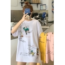 Women's Funny Cartoon Printed Letter Round Neck Half Sleeve Loose Oversized Graphic T-Shirt