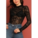 Basic Round Neck Long Sleeve Geometric Printed Lace Slim Fit Mesh Black T-Shirt For Women