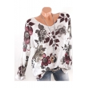 Womens New Fashion Floral Printed Long Sleeve V-Neck Relaxed Fit T-Shirt
