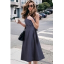 Womens Chic Simple Solid Color Round Neck Sleeveless Tied Waist Midi A-Line Dress