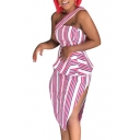 Womens Pink Stripe One Shoulder Sleeveless Split Side Pleated Midi Dress