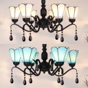 Tiffany Style Cone Hanging Lamp Glass 6 Lights Blue/White Chandelier with Crystal for Bedroom