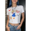 Heart Comic Character Printed Short Sleeve Round Neck Crop Tee