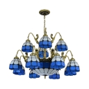 Dome Villa Hotel Chandelier with Mermaid Glass 15 Lights Tiffany Style Antique Hanging Lamp in Blue