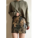 New Stylish Women's Badge Patched Long Sleeve Drawstring Hood Army Green Hoodie