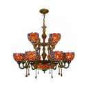 Hotel Villa Flower Chandelier Stained Glass 15 Lights Tiffany Style Rustic Hanging Light with Crystal